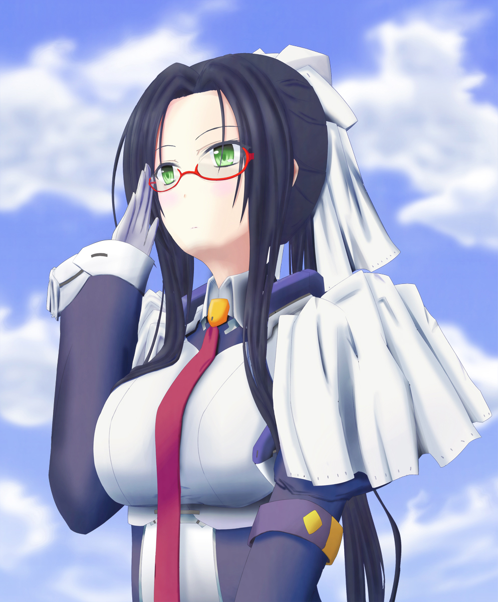 1girl, black_hair, female_focus, frown, glasses, gloves, green_eyes, hair_ribbon
