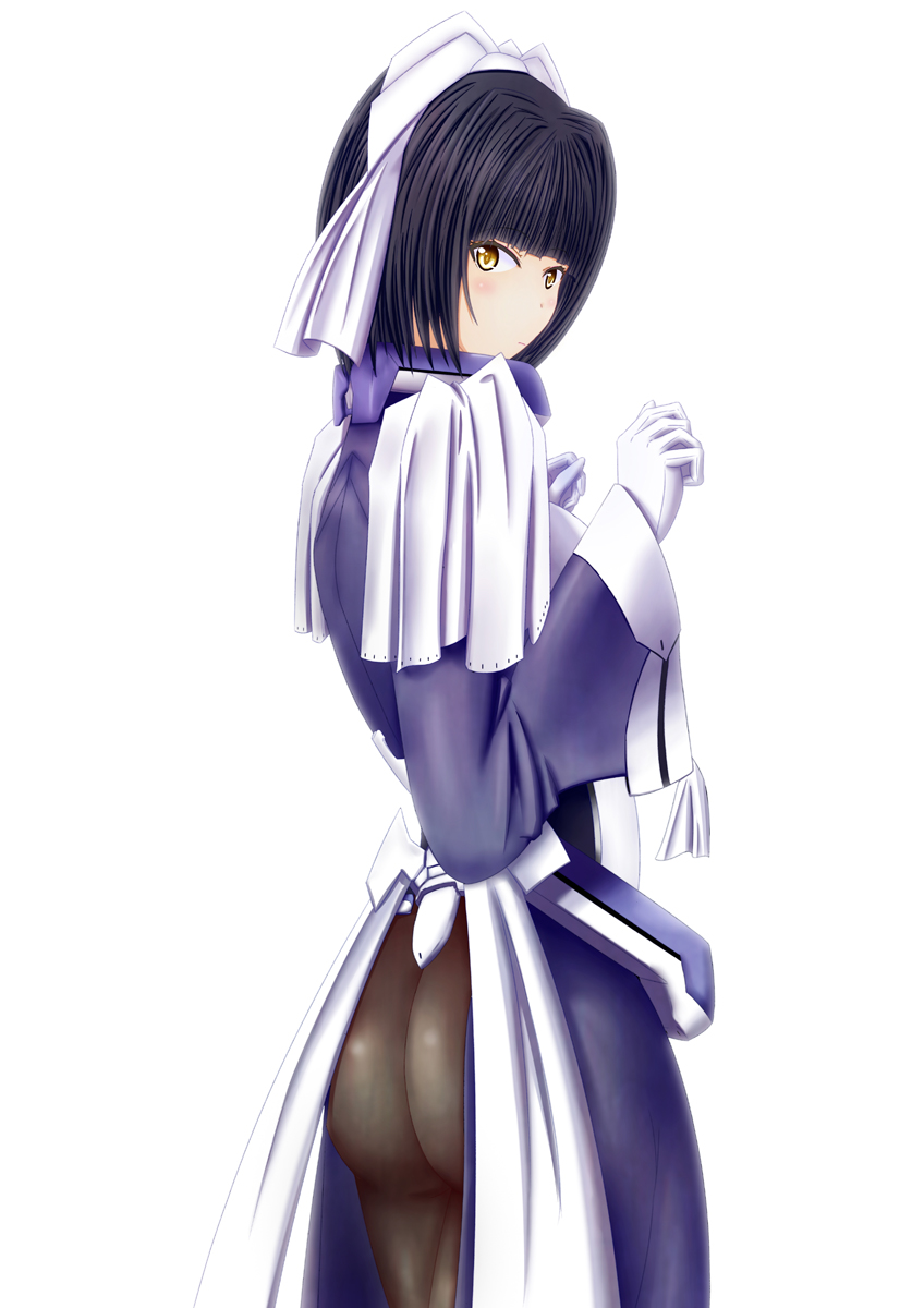 1girl, ass, black_hair, black_legwear, bodysuit, female_focus, gloves, hair_ribbon