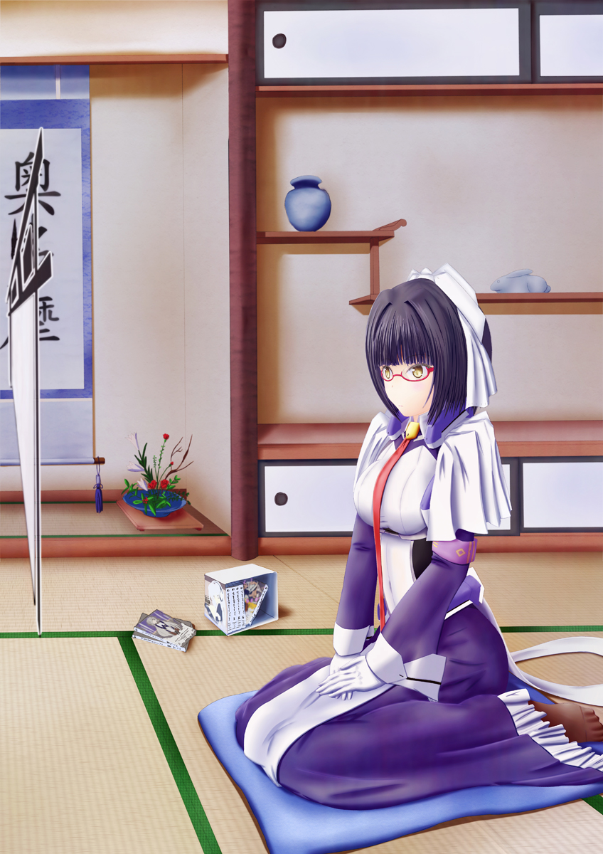 1girl, black_hair, black_legwear, bodysuit, female_focus, glasses, gloves, hair_ribbon