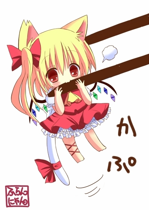 1girl, :3, animal_ears, ascot, cat_ears, cat_girl, cat_tail, chibi, chopsticks, female_focus, flandre_scarlet, hane., holding_chopsticks, holding_with_chopsticks, kemonomimi_mode, mini_person, minigirl, missing_headwear, red_eyes, side_ponytail, skirt, skirt_set, solo, tail, touhou, wings
