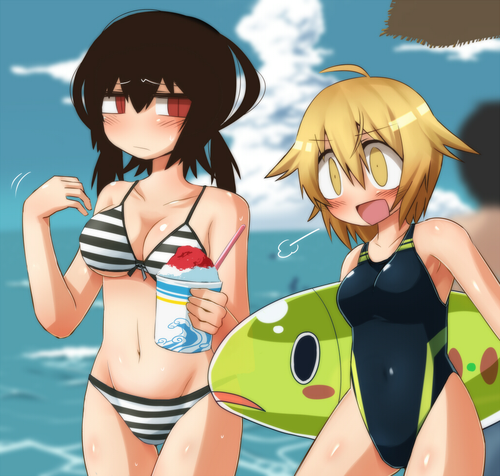 2girls, ahoge, bare_shoulders, bikini, black_hair, blonde_hair, blush, breast_envy