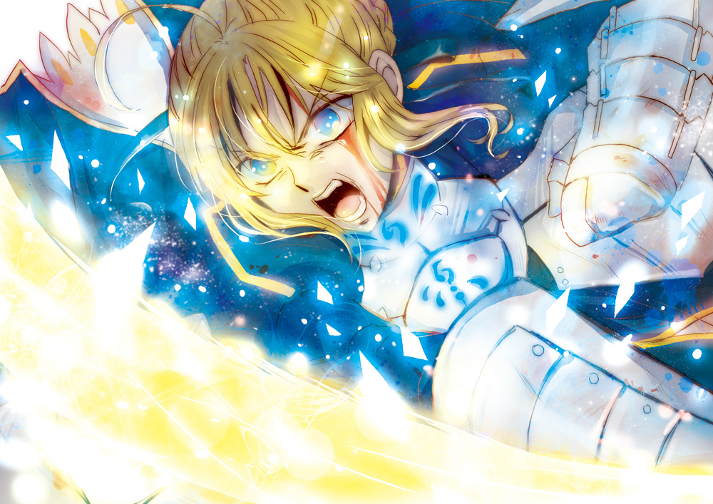 1girl, ahoge, armor, armored_dress, artoria_pendragon_(fate), blonde_hair, blood, blood_on_face