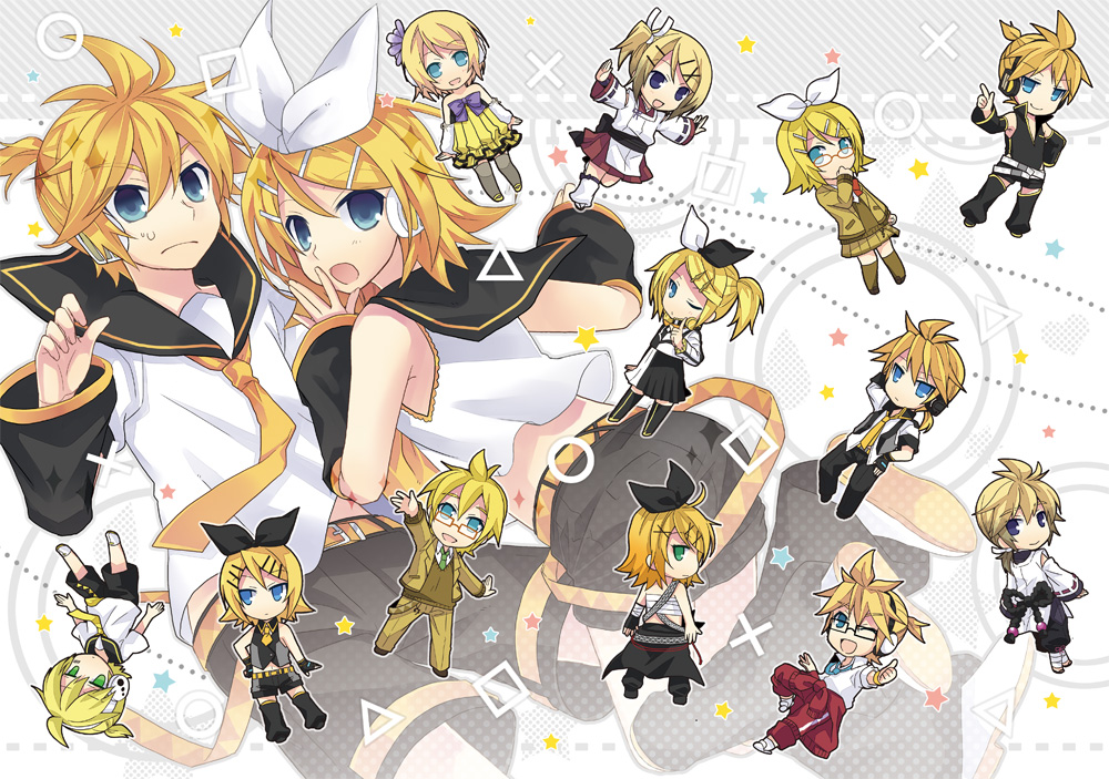 1boy, 1girl, blonde_hair, blue_eyes, brother_and_sister, chibi, hair_ornament, hair_ribbon