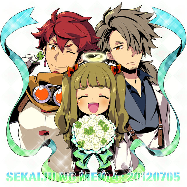 1girl, 2boys, armor, atlus, bad_id, bad_pixiv_id, closed_eyes, clover