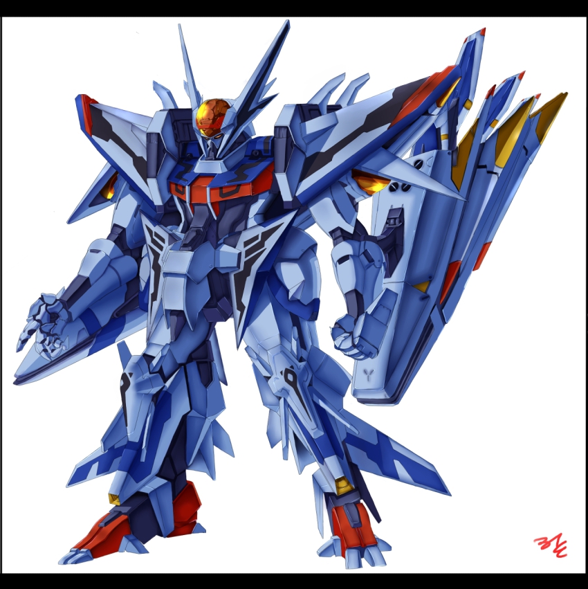 border, choukou_gasshin_xardion, clenched_hand, highres, mecha, no_humans, robot, signature