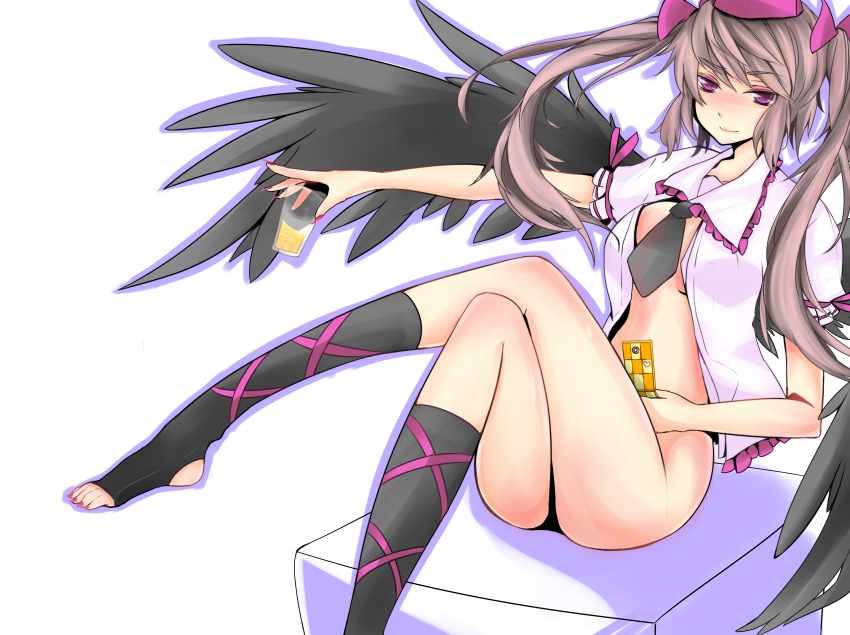 1girl, bad_id, bad_pixiv_id, bird_wings, black_wings, bottomless, brown_hair, cellphone