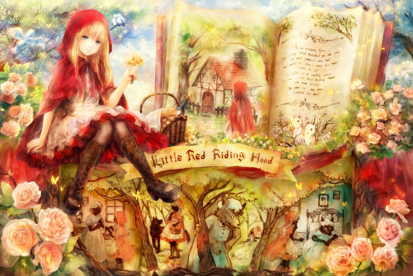 1girl, apron, basket, bed, big_bad_wolf, bird, blonde_hair, blue_eyes, book, boots, bottle, bread, bug, building, butterfly, cape, copyright_name, cottage_(building), disguise, dress, english_text, female_focus, fence, flower, food, forest, glasses, hand_to_own_mouth, hat, holding, holding_flower, hood, house, insect, lace-up_boots, little_red_riding_hood_(fairy_tale), little_red_riding_hood_(fairy_tale_character), long_hair, lying, nature, on_back, on_bed, onineko, open_book, pantyhose, pillow, pink_flower, pink_rose, rabbit, red_cape, red_dress, rose, silhouette, sitting, solo, tree, wolf
