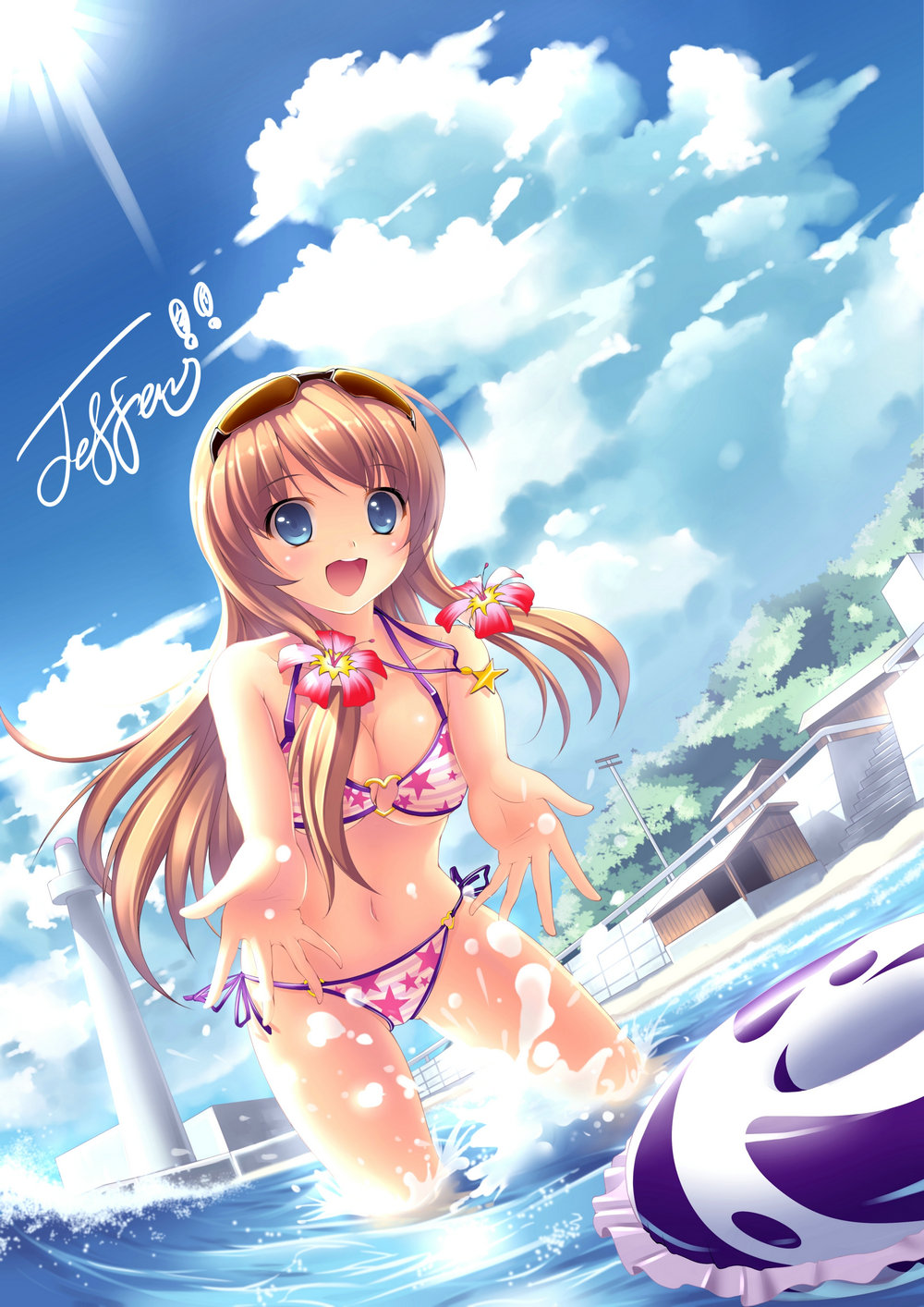 1girl, :d, bikini, blue_eyes, blush, breasts, brown_hair, cleavage