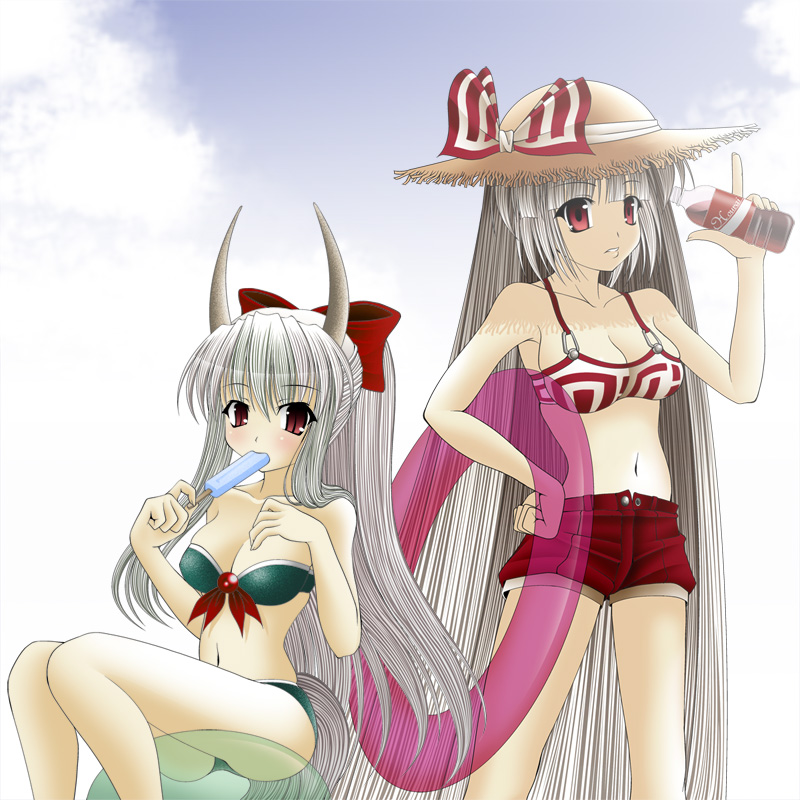 2girls, ass, bikini, breasts, cleavage, ex-keine, female_focus, food, fujiwara_no_mokou, gradient_background, hat, horn_ornament, horn_ribbon, horns, innertube, kamishirasawa_keine, medium_breasts, multiple_girls, outdoors, ponytail, popsicle, ribbon, sky, swim_ring, swimsuit, tatamiya, touhou, white_background