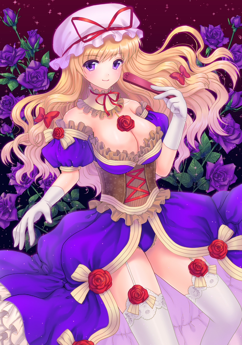 1girl, alha, alternate_costume, blonde_hair, blush, bow, breasts, cleavage