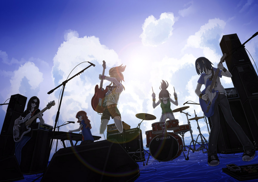 5girls, amplifier, band_(music), black_hair, bracelet, brown_hair, cloud, drum