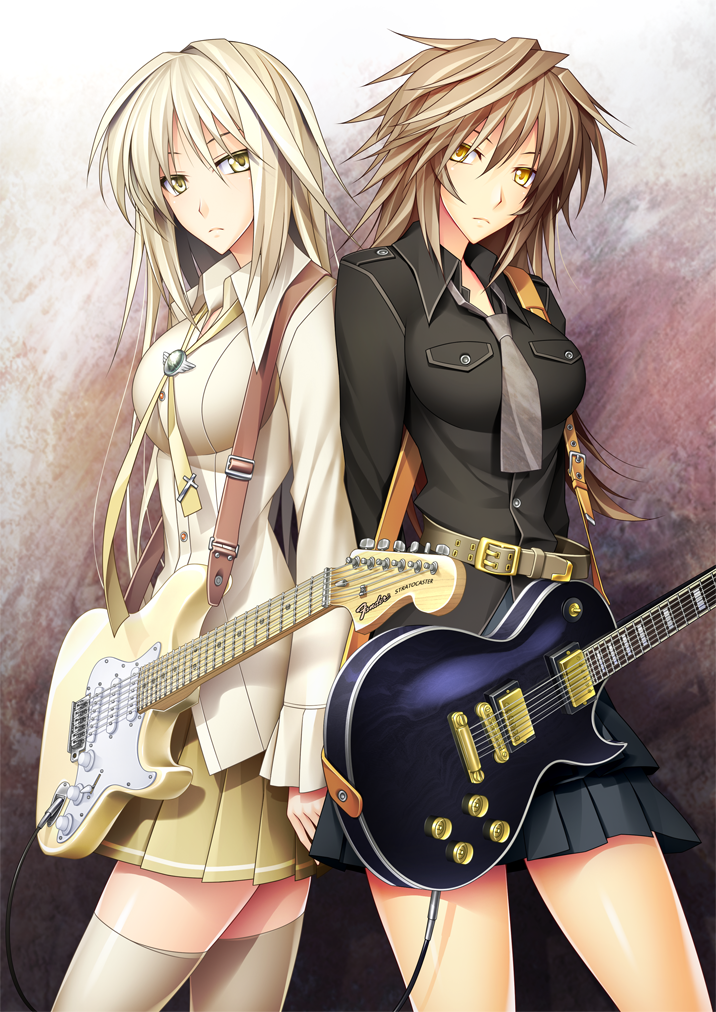 2girls, 440_(straight440), belt, blonde_hair, breasts, brown_hair, cable, electric_guitar