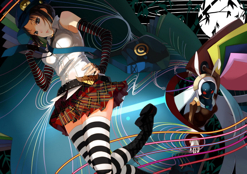 2girls, animal_ears, atlus, bdsm, black_hair, blue_eyes, bondage, boots, bound, bound_wrists, elbow_gloves, fingerless_gloves, gloves, hat, highres, kaguya_(persona), kaguya_(persona_4), long_hair, marie_(persona_4), multiple_girls, necktie, persona, persona_4, persona_4_the_golden, rabbit_ears, rainbow, selenoring, silver_hair, sleeveless, striped_legwear, thighhighs