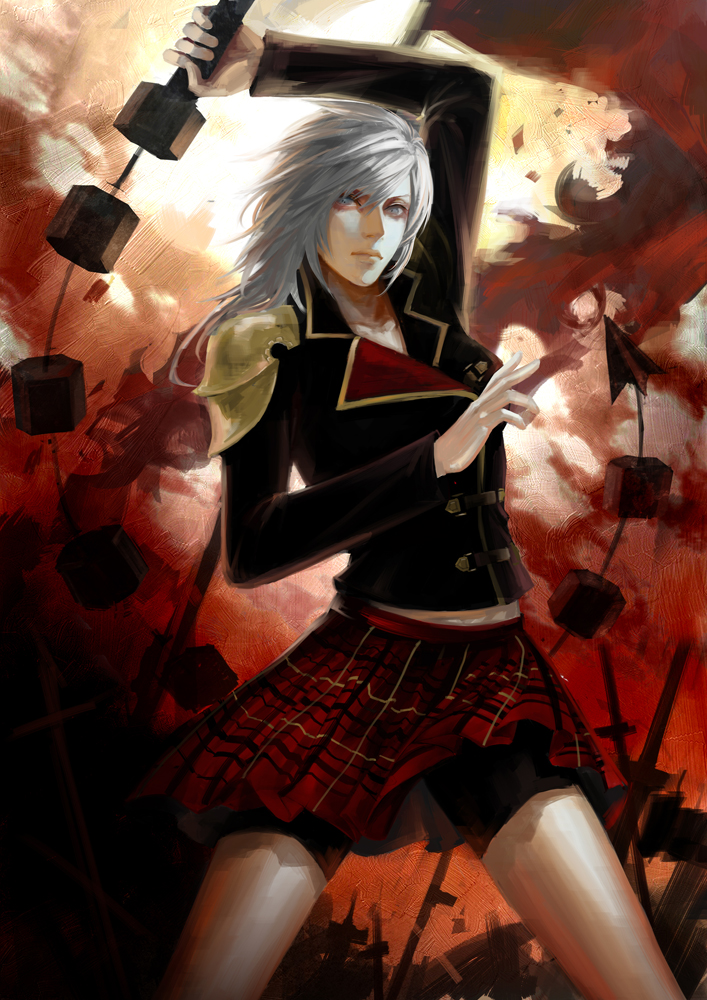 bike_shorts, final_fantasy, final_fantasy_type-0, grey_eyes, midriff, military, military_uniform, plaid_clothes