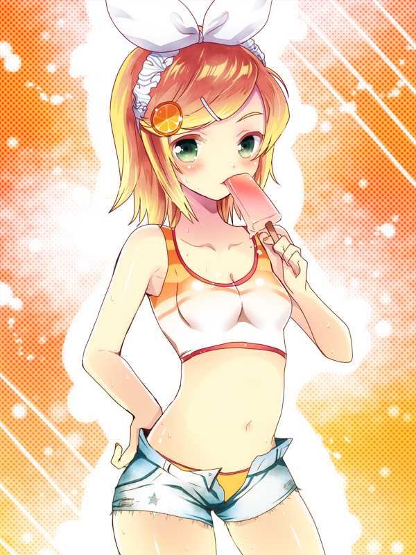 1girl, blonde_hair, female_focus, food, green_eyes, hair_ornament, hair_ribbon, hairband, hairclip, kagamine_rin, looking_at_viewer, navel, open_clothes, open_fly, open_shorts, panties, popsicle, ribbon, ruchiru, ruchiru_(nico_seiga), shiny_skin, short_hair, short_shorts, shorts, solo, underwear, unzipped, vocaloid, yellow_panties