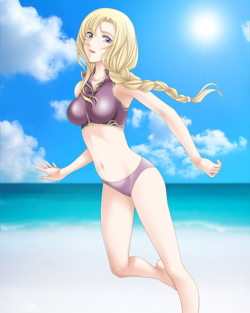 1girl, beach, bikini, blonde_hair, braid, day, fire_emblem, fire_emblem:_the_blazing_blade, highres, long_hair, louise_(fire_emblem), nintendo, running, sun, swimsuit, tamamon