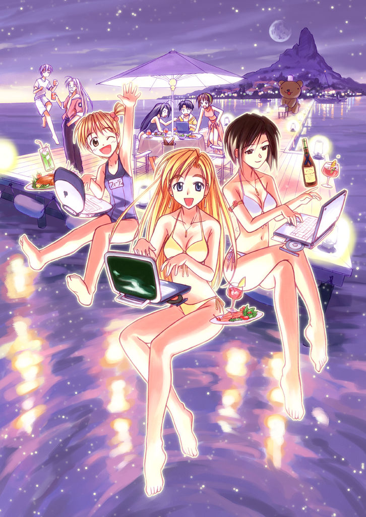 3boys, 5girls, ai_ga_tomaranai!, akamatsu_ken, alcohol, apple_inc., armband, asou_kimika, barefoot, beach_umbrella, beer, bikini, blonde_hair, blue_eyes, brown_eyes, brown_hair, computer, computer_keyboard, drink, earrings, eating, everyone, floating, food, full_moon, hair_bobbles, hair_ornament, island, jewelry, jpeg_artifacts, koube_hitoshi, koube_kikuko, laptop, legs, long_hair, macintosh, moon, multiple_boys, multiple_girls, name_tag, necklace, night, niitta, one-piece_swimsuit, open_mouth, pier, program_#20, program_#30, program_#40, red_hair, reflection, school_swimsuit, short_hair, side-tie_bikini_bottom, side_ponytail, sky, smile, star_(symbol), string_bikini, swimsuit, toni_namba, tray, turkey_(bird), typing, umbrella, water