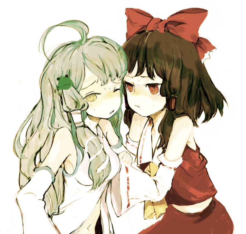 2girls, ahoge, ascot, bad_id, bad_pixiv_id, bow, brown_hair, detached_sleeves