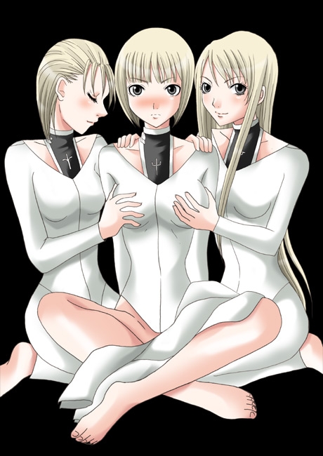 00s, 3girls, artistic_error, bad_anatomy, bad_feet, barefoot, blonde_hair, blush, breasts, brown_eyes, clare_(claymore), claymore_(series), closed_eyes, feet, galatea, grabbing_another's_breast, grey_eyes, groping, jean_(claymore), large_breasts, long_hair, multigrope, multiple_girls, no_panties, poorly_drawn, short_hair, sitting, smile, very_long_hair, yuri
