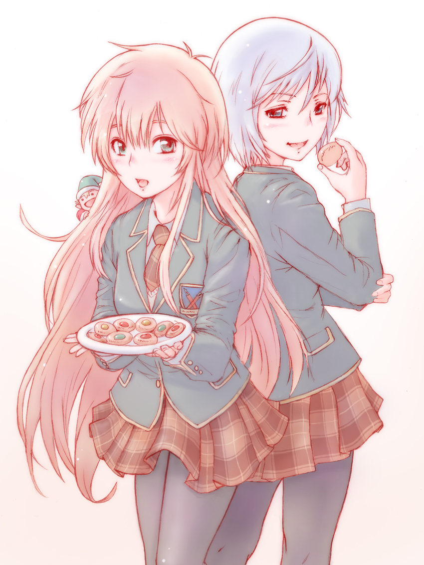 10s, 2girls, :d, absurdres, black_legwear, blazer, blue_eyes, blue_hair