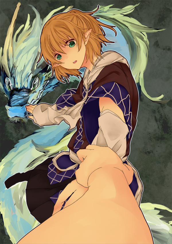 1girl, arm_warmers, bad_id, bad_pixiv_id, blonde_hair, cover, cover_page, dragon