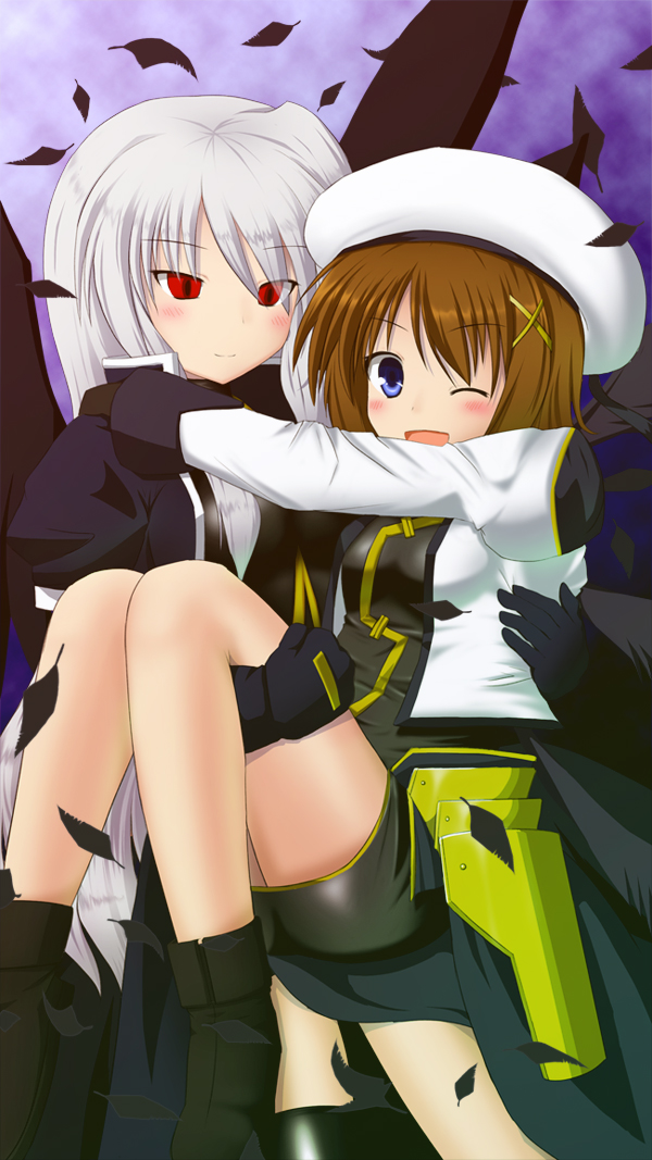 2girls, armor, basa_rutan, blue_eyes, blush, brown_hair, carrying, cyan0114