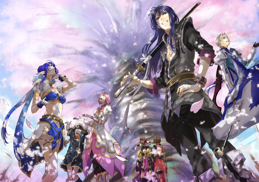 00s, 4boys, 4girls, ayanon, carrying, cherry_blossoms, estellise_sidos_heurassein, flynn_scifo