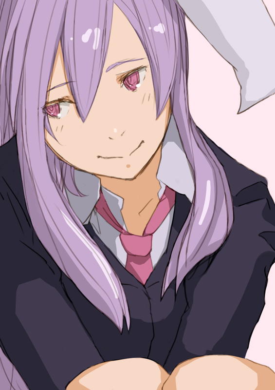 1girl, animal_ears, bad_id, bad_pixiv_id, female_focus, long_hair, necktie, purple_hair, purple_necktie, rabbit_ears, red_eyes, reisen_udongein_inaba, sketch, smile, solo, touhou, upper_body, yura_(jackrose-yura), yurayurari