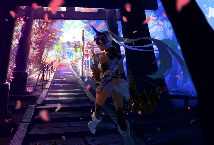 capcom, highres, kirin_(armor), looking_back, monster_hunter_(series), petals, solo, stairs, torii, william_chacha