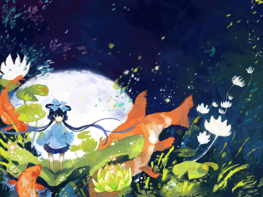 1girl, blue_hair, female_focus, fish, flower, goldfish, green_eyes, hair_ribbon