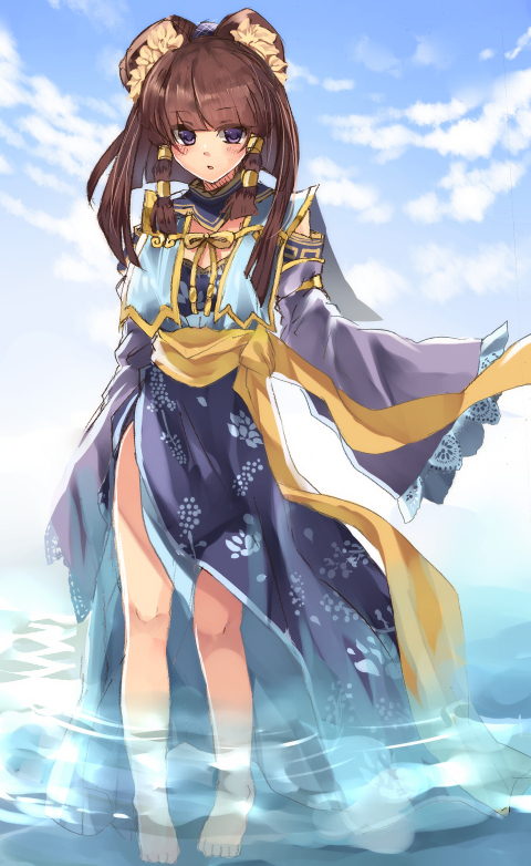 1girl, barefoot, blue_eyes, brown_hair, chinese_clothes, female_focus, hair_ornament, hair_tubes