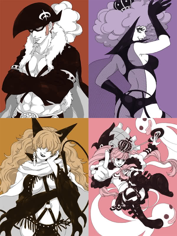 1boy, 3girls, back, belt, blonde_hair, boots, bow, cape, capelet, cloak, color_background, crossed_arms, crown, domino_mask, earrings, emporio_ivankov, eye_mask, floating, fringe_trim, fur_trim, ghost, gloves, hair_over_eyes, hat, horns, jacket, jewelry, lipstick, long_hair, long_sleeves, makeup, mask, multiple_girls, one_piece, open_clothes, open_jacket, orange_background, orange_hair, over_shoulders, perona, pink_background, pink_hair, pirate_costume, purple_background, purple_hair, red_background, sadi-chan, short_cape, skirt, smile, striped_legwear, tattoo, thighhighs, tongue, topless_male, twintails, umbrella, whip, x_(symbol), x_drake