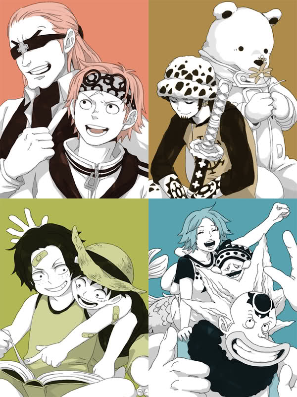 1girl, 6+boys, aged_down, bandaid, barefoot, bear, bepo_(one_piece), blue_background