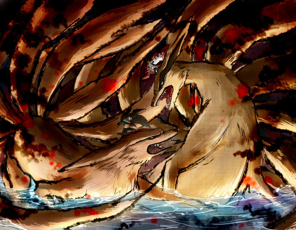 2boys, fukurou_(hukirou), kitsune, kurama_(naruto), kyuubi, multiple_boys, multiple_tails, naruto_(series)