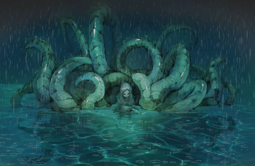 1girl, aqua_theme, crossed_arms, demizu_posuka, female_focus, lamia, long_hair, monster_girl, original, partially_submerged, pone, rain, snake_tail, solo, tail, tentacles, water, wet, wet_hair
