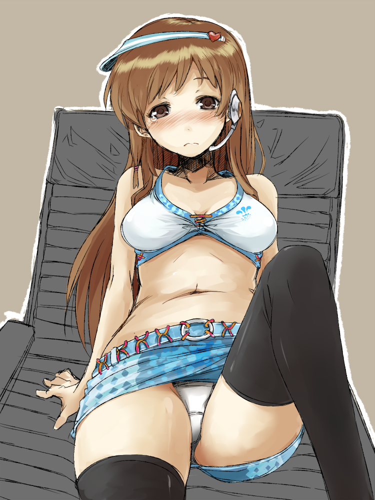 10s, 1girl, bikini, black_thighhighs, blush, brown_eyes, brown_hair, female_focus