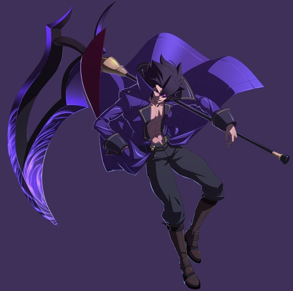 1boy, abs, black_hair, boots, dark-skinned_male, dark_skin, french-bread, glowing, glowing_eye, gordeau_(under_night_in-birth), huge_weapon, jacket, jpeg_artifacts, knee_boots, male_focus, official_art, open_clothes, open_jacket, purple_eyes, scythe, simple_background, solo, spiked_hair, under_night_in-birth, weapon