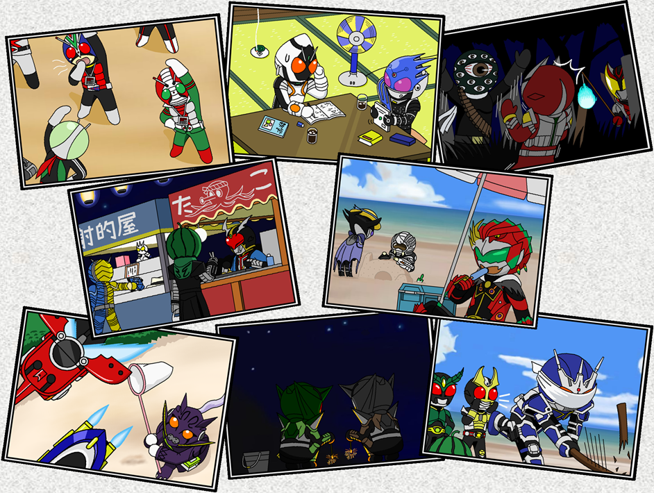 1girl, 6+boys, ^^^, ankh_(ooo), beach, belt, blindfold, bucket, building_sand_sculpture, deneb, electric_fan, fireworks, food, fruit, gamel, gatack_zecter, gun, hat, kabuto_zecter, kamen_rider, kamen_rider_(1st_series), kamen_rider_1, kamen_rider_agito, kamen_rider_agito_(ground_form), kamen_rider_agito_(series), kamen_rider_blade_(series), kamen_rider_chalice, kamen_rider_double, kamen_rider_double_(lunatrigger), kamen_rider_eternal, kamen_rider_fourze, kamen_rider_fourze_(series), kamen_rider_g3, kamen_rider_garren, kamen_rider_gills, kamen_rider_kick_hopper, kamen_rider_kiva, kamen_rider_kiva_(series), kamen_rider_meteor, kamen_rider_punch_hopper, kamen_rider_stronger_(series), kamen_rider_v3, kamen_rider_v3_(series), kamen_rider_w, kamen_rider_x, kamen_rider_x_(series), lantern, mezul, multiple_boys, octopus, photo_(object), popsicle, redol, riderman, ryutaros, sand, sand_castle, sand_sculpture, sparkler, stick, suikawari, summer, titan_(kamen_rider_stronger), umbrella, watermelon, weapon, yawning