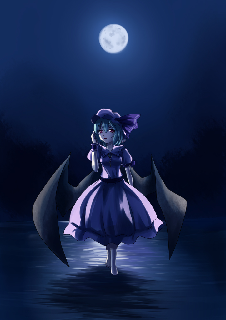 1girl, aqua_hair, bat_wings, female_focus, full_moon, moon, night, open_mouth