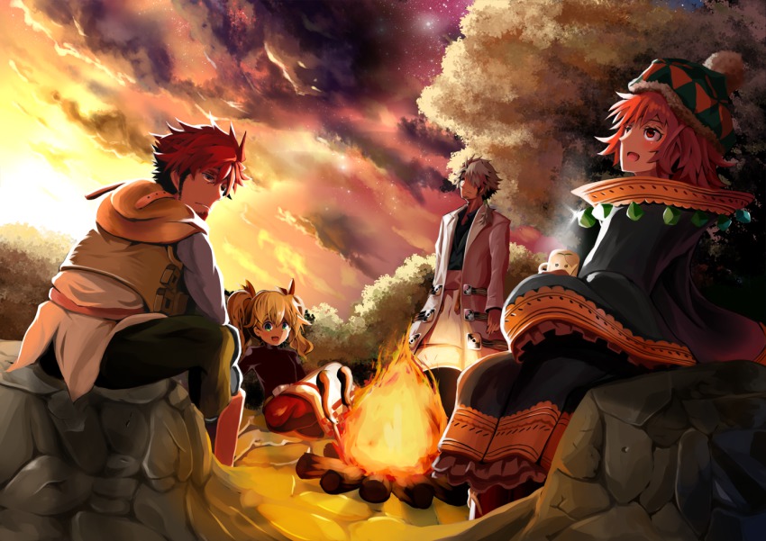 2boys, 2girls, atlus, bad_id, bad_pixiv_id, blonde_hair, blue_eyes, brown_hair