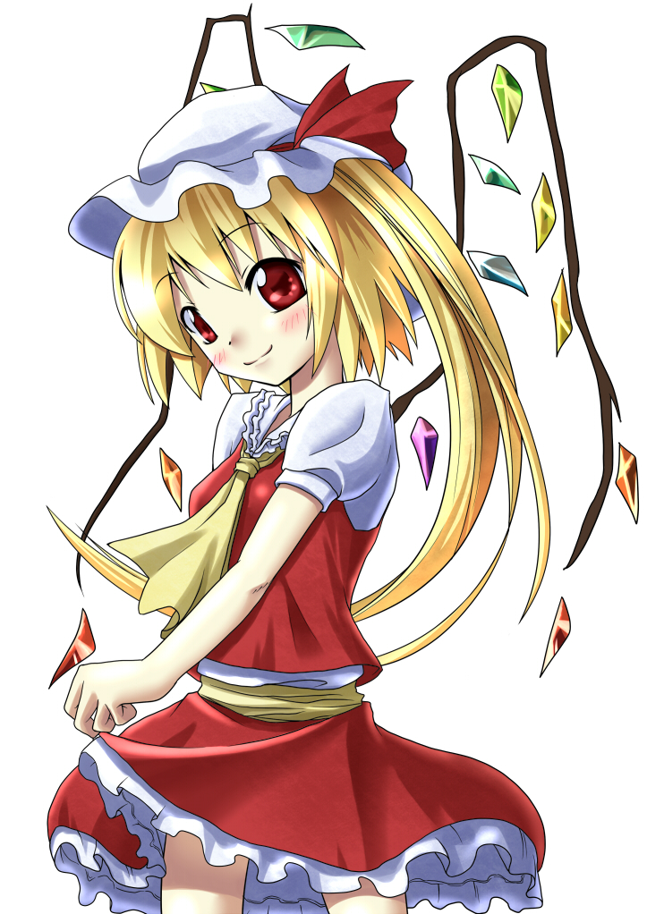 1girl, ascot, blonde_hair, blush, crystal, female_focus, flandre_scarlet, hat