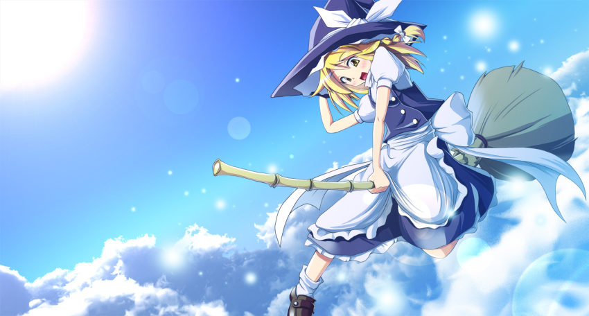 1girl, apron, blonde_hair, blush, bow, braid, broom, cloud