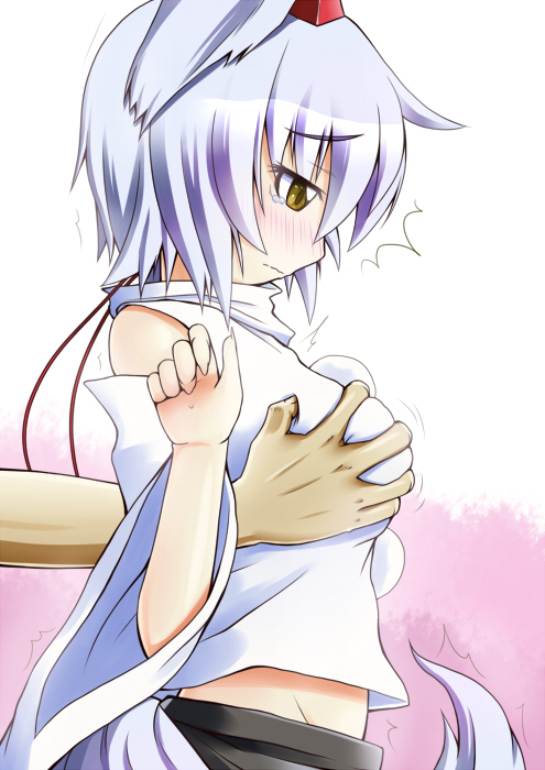 1girl, animal_ears, blush, detached_sleeves, female_focus, grabbing_another's_breast, groping, hat