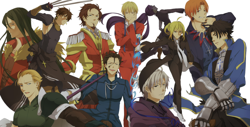 2girls, 6+boys, adapted_costume, aged_up, armor, artoria_pendragon_(fate), assassin_(fate/zero), assassin_(fate/zero)_(cosplay)