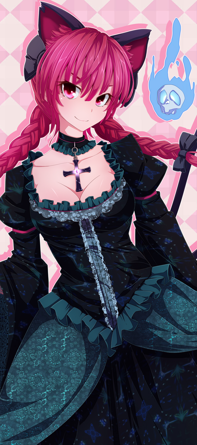 1girl, adapted_costume, animal_ears, bow, braid, breasts, cat_ears, cat_girl