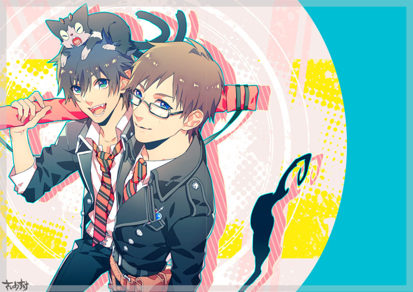 2boys, ao_no_exorcist, bad_id, bad_pixiv_id, black_hair, blue_eyes, brothers, brown_hair