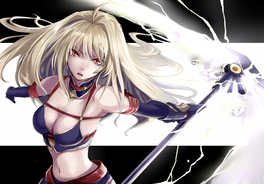 00s, 1girl, alternate_costume, bardiche_(haken_form)_(nanoha), bardiche_(nanoha), bare_shoulders, blonde_hair, breasts