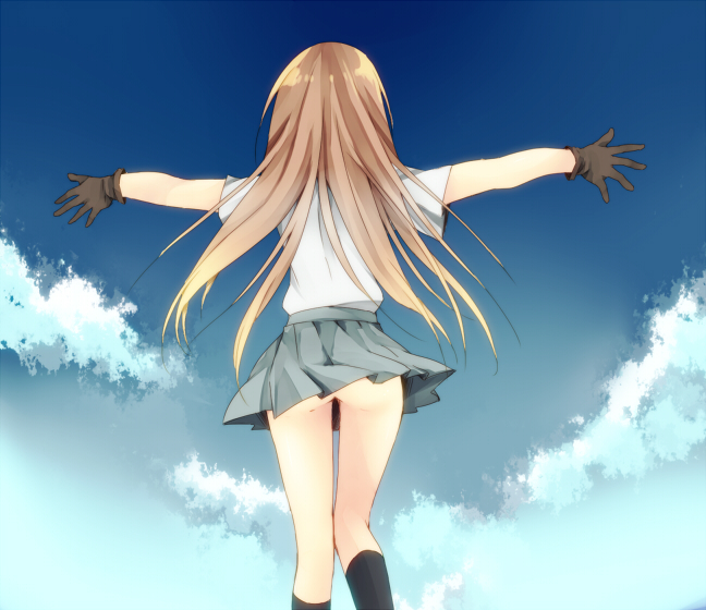 1girl, ass, blonde_hair, chinatsu_(jormungand), clothes_lift, cloud, day, female_focus