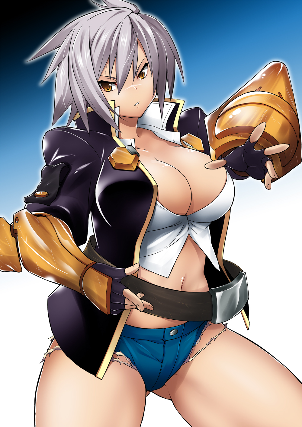 1girl, arc_system_works, belt, blazblue, blazblue:_chronophantasma, breasts, brown_eyes, bullet_(blazblue), cleavage, denim, denim_shorts, female_focus, fingerless_gloves, gloves, highres, impossible_clothes, jacket, large_breasts, micro_shorts, navel, scar, short_shorts, shorts, silver_hair, solo, tanabe_(studio_tiamat), thighs, vambraces