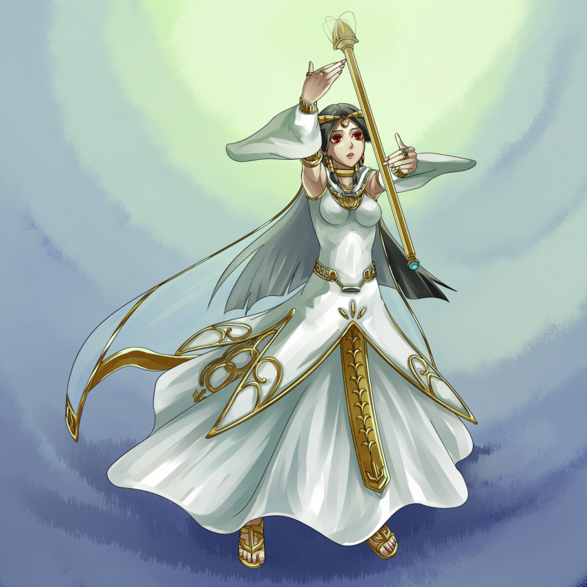 black_hair, dress, duel_monster, jewelry, lightsworn, long_hair, lyla_lightsworn_sorceress, red_eyes